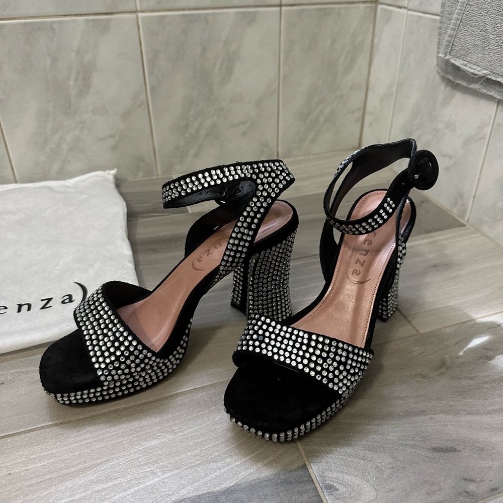 Black Crystal-Studded Platform Block Heels